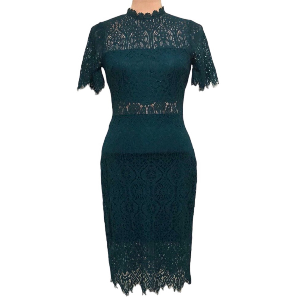 Lulu’s Remarkable Lace Midi Dress Size Small Emerald Green Floral Eyelash Lace